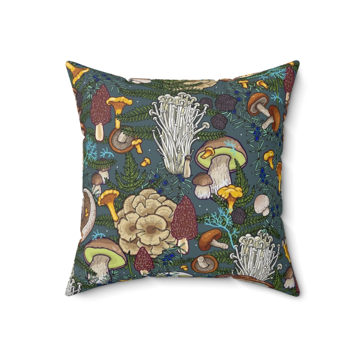 Artistic illustration of a whimsical mushroom forest scene on a decorative pillow - Back