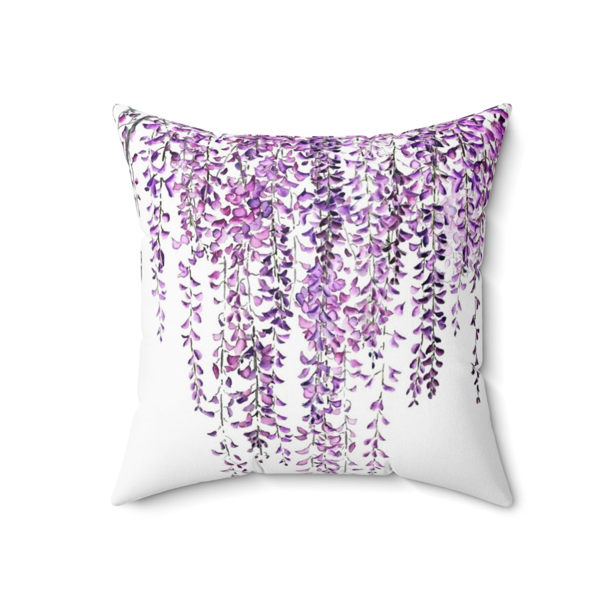 A vibrant hand-painted purple wisteria floral design on a pillow cover.