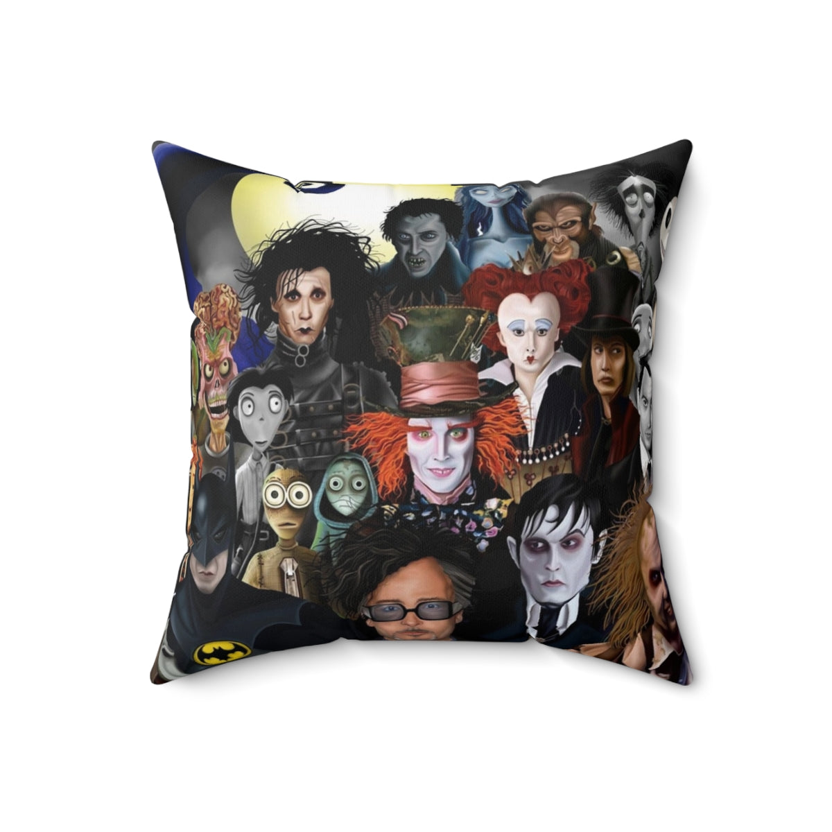 Decorative pillow with gothic and horror-themed artwork inspired by the films of Tim Burton - Back