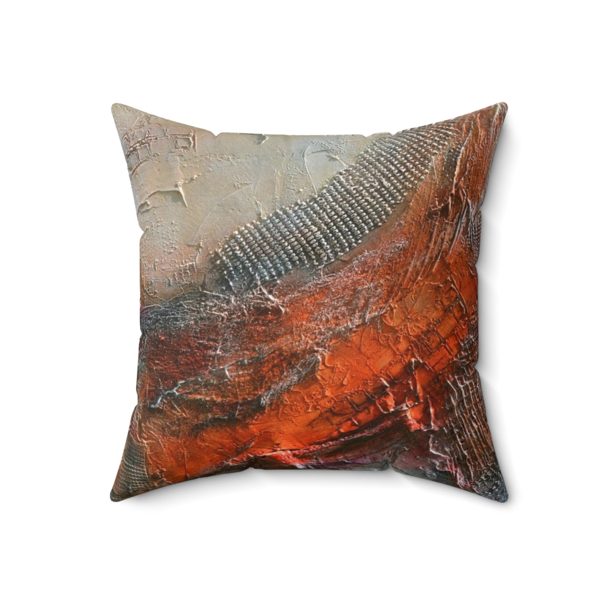 Abstract Rust Grey Art Print Pillow featuring a captivating landscape painting with red, orange, and green hues.