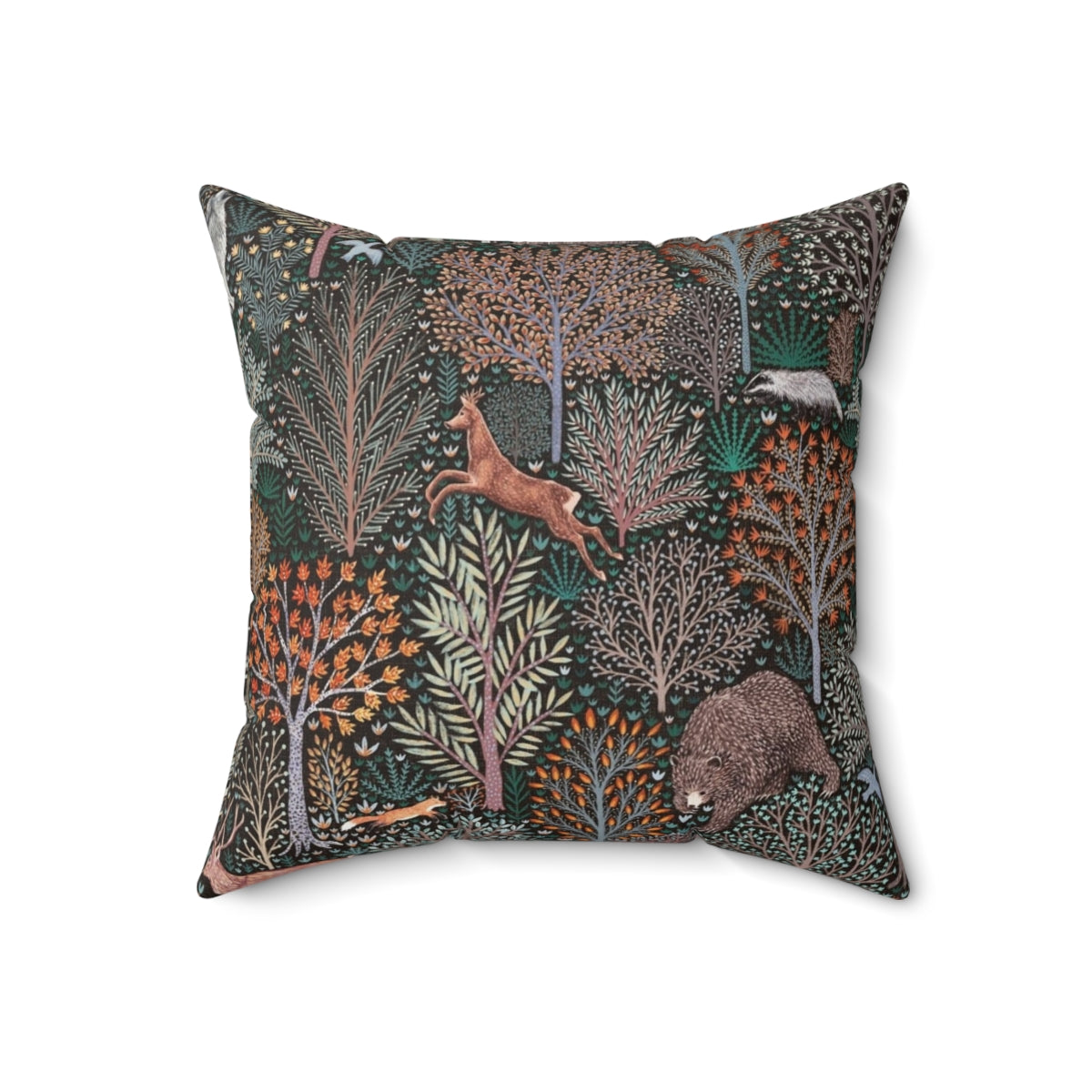 Decorative pillow featuring an illustration of forest animals like bears, deer, and wild boar amongst autumn leaves and trees. - Back