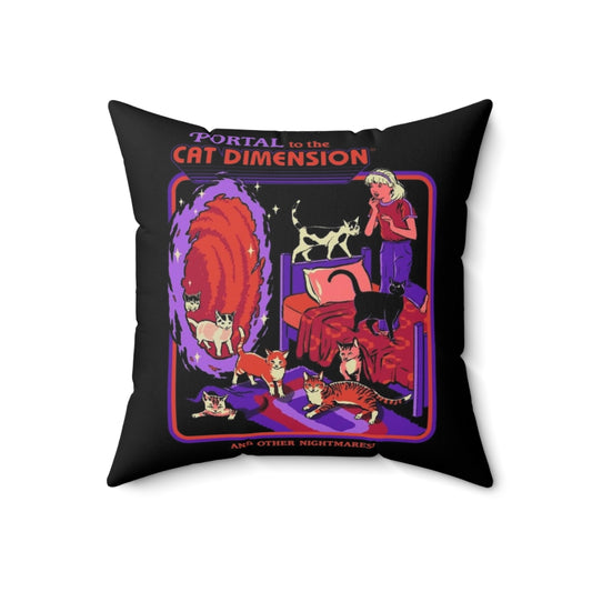 Vintage-style cat pillow with a dimensional, sci-fi design