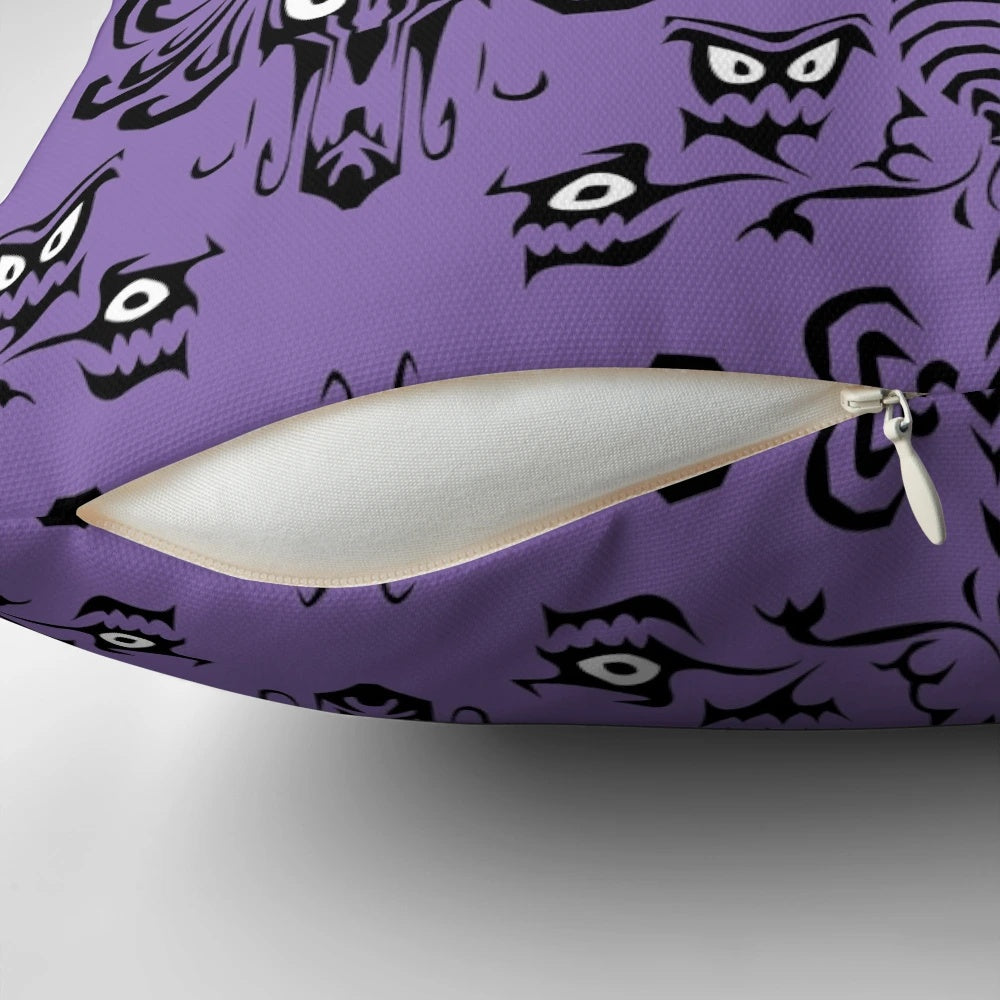 999 Happy Haunts Pillow featuring a haunted mansion with creepy eyes and grim grinning ghosts