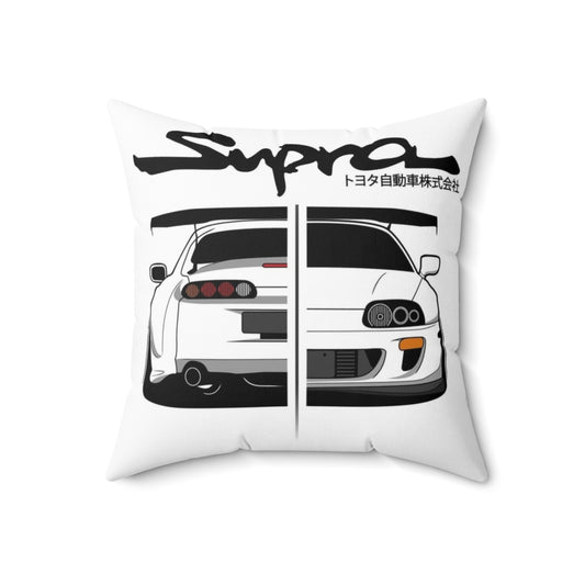 Retro-style vector art graphic of a Toyota Supra MK IV sports car on a plush pillow