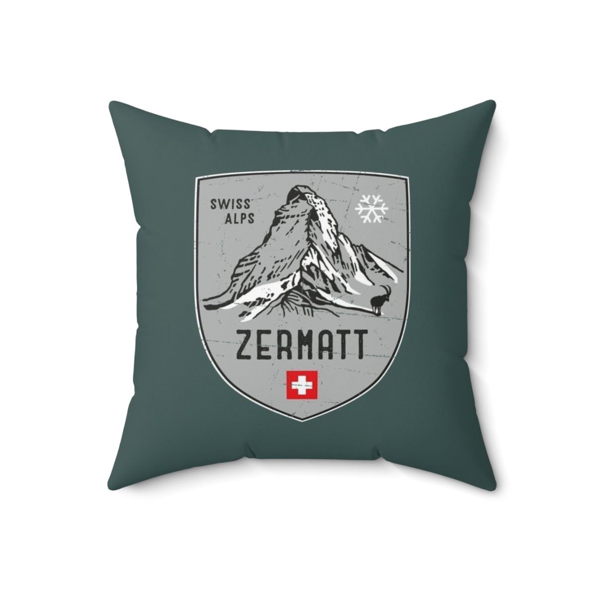 Decorative throw pillow featuring an emblem design inspired by the scenic Swiss Alps mountains - Back