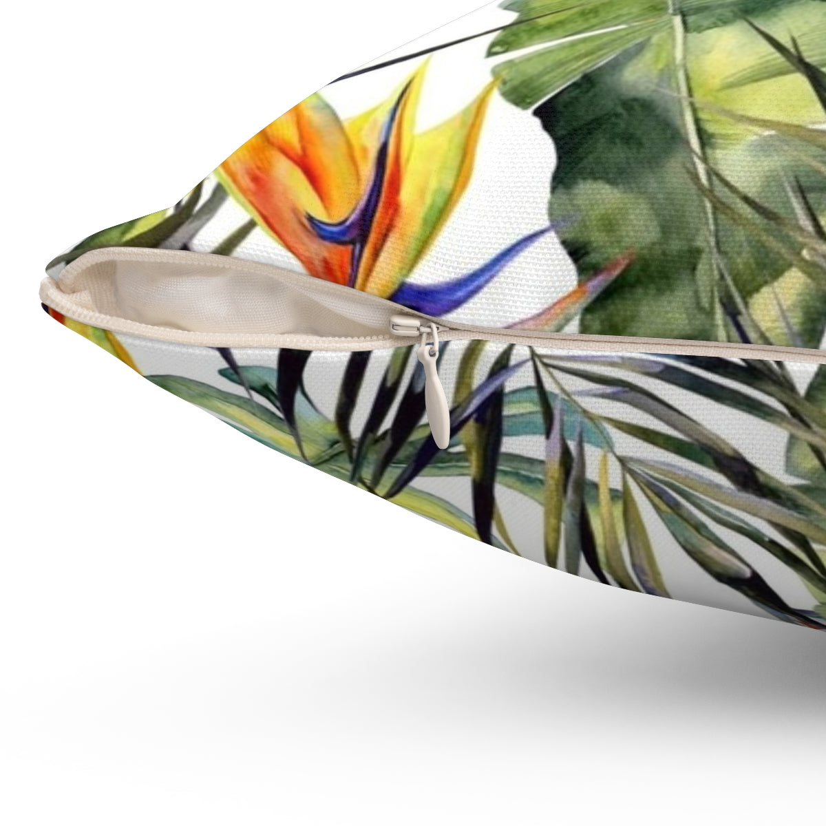 Tropical garden themed decorative pillow cover featuring vibrant watercolor leaves, birds of paradise, and palm fronds. - Detail