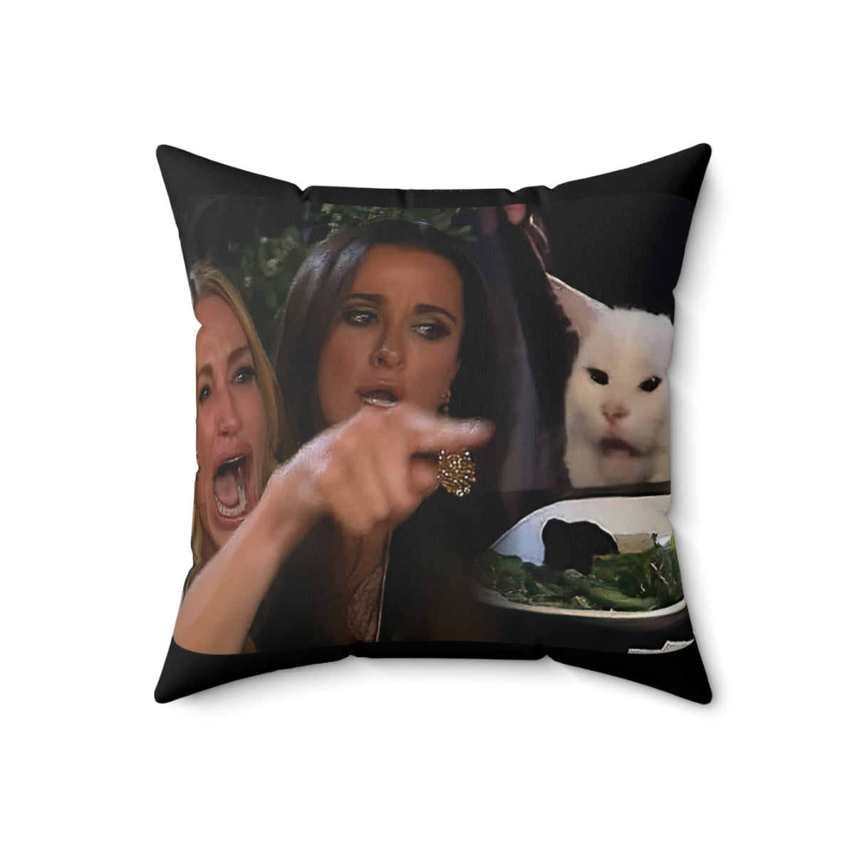 Decorative throw pillow featuring the popular "woman yelling at a cat" meme image