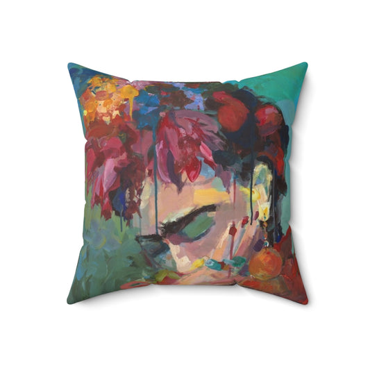 Colorful floral pillow with Frida Kahlo-inspired design