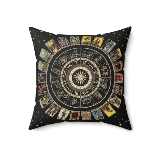 Decorative throw pillow featuring a zodiac wheel and major arcana tarot card designs