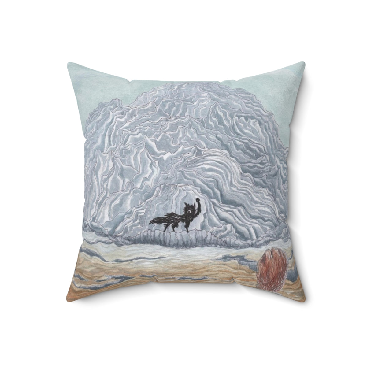 Fantastic Mr Fox inspired watercolor fan art pillow featuring a wolf and fox in a mountain landscape