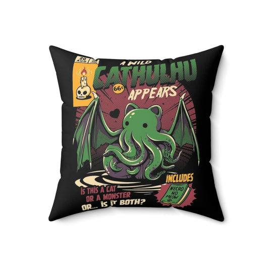 Decorative throw pillow featuring a playful cat design with Cthulhu-inspired elements, perfect for horror fans and cat lovers.