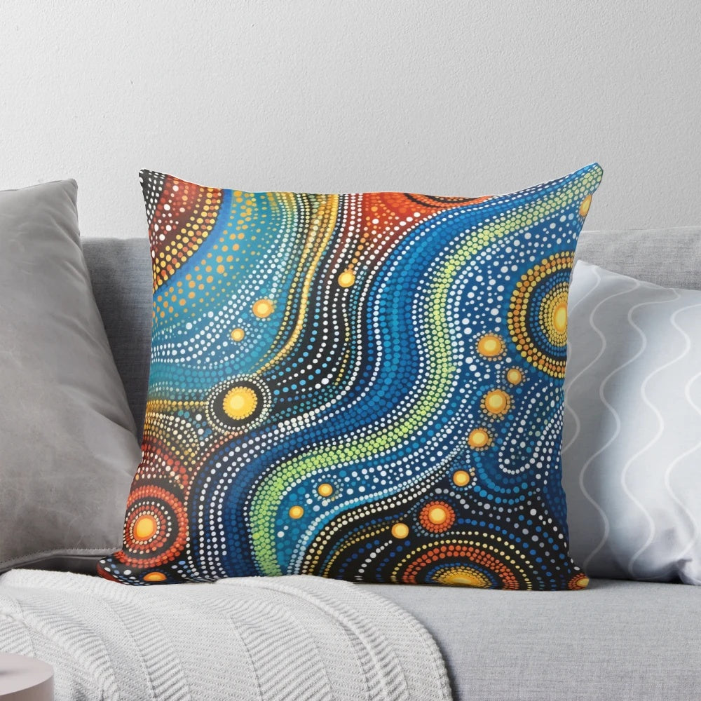 Aboriginal Australian art deep sea plants pillow with dot patterns and warm colors