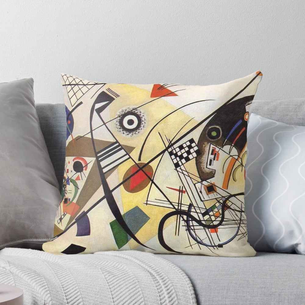 A high-quality pillow featuring Wassily Kandinsky's abstract painting "Transverse Lines" (1923)