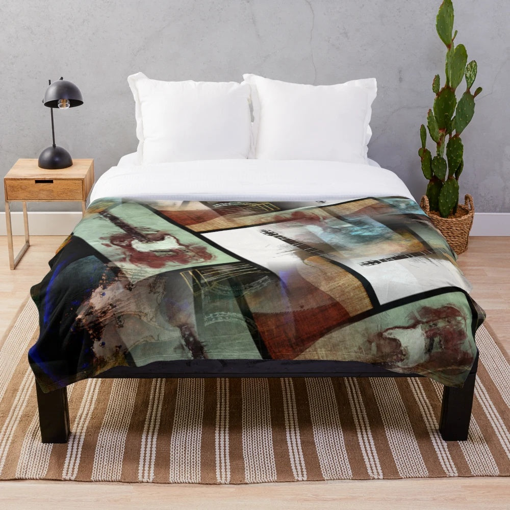 An abstract plush blanket featuring a collage of six guitars