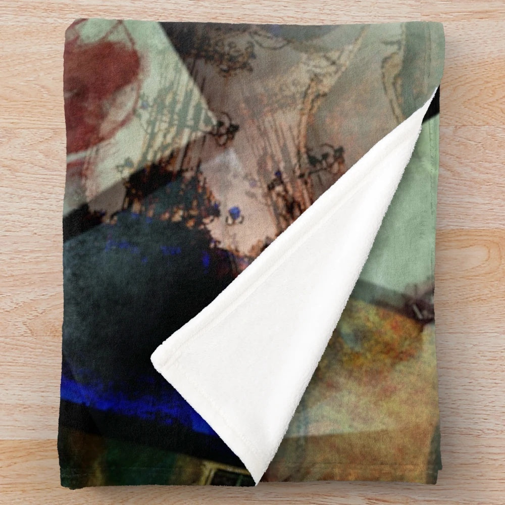 An abstract plush blanket featuring a collage of six guitars