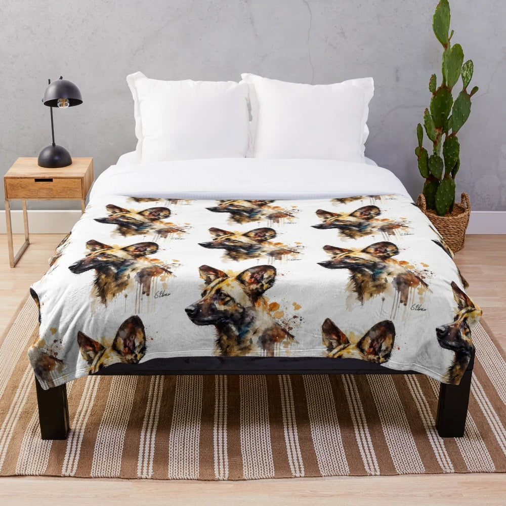Abstract watercolor painting of an African wild dog on a plush blanket