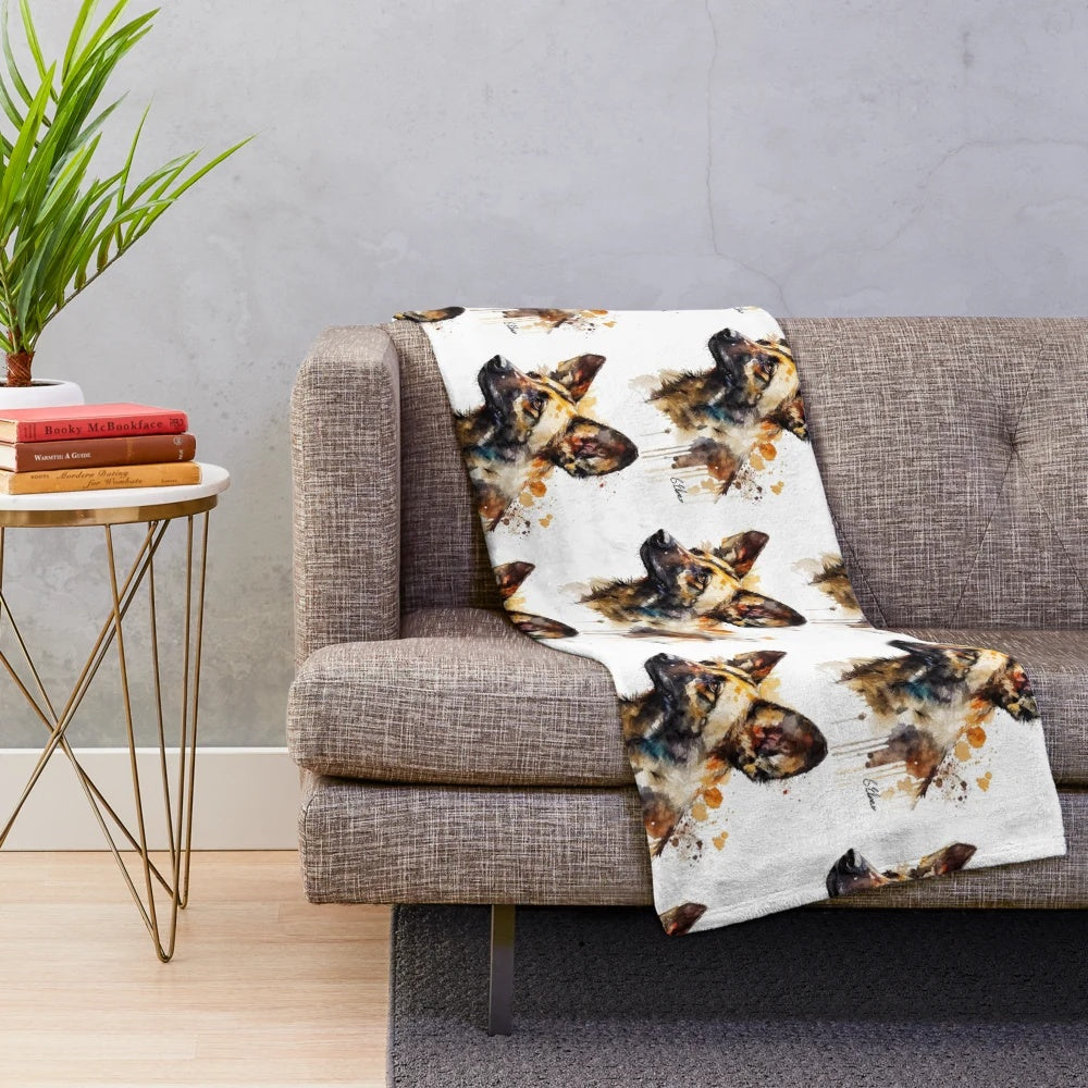 Abstract watercolor painting of an African wild dog on a plush blanket
