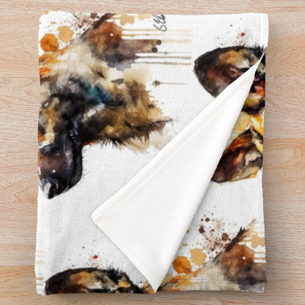 Abstract watercolor painting of an African wild dog on a plush blanket