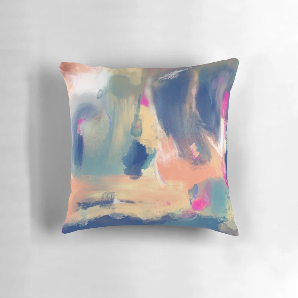 Vibrant abstract art digital print decorative throw pillow in shades of blue, orange, and pink.