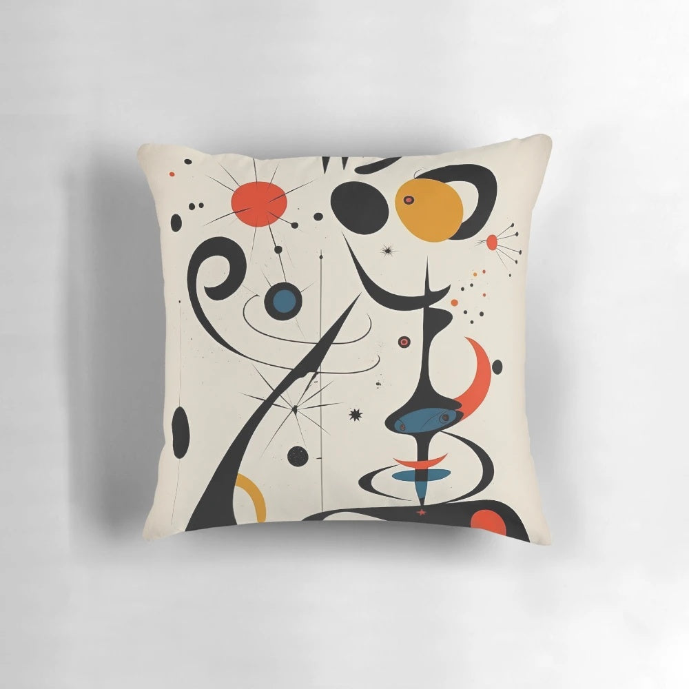 Vibrant abstract art pillow featuring a Miro-inspired color palette and minimalist design