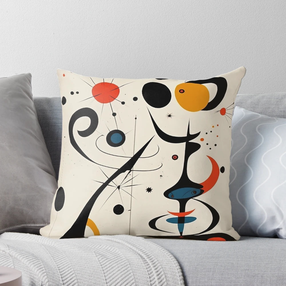 Vibrant abstract art pillow featuring a Miro-inspired color palette and minimalist design
