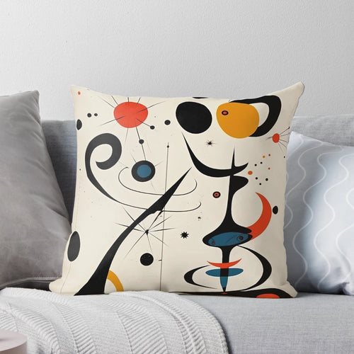 Vibrant abstract art pillow featuring a Miro-inspired color palette and minimalist design