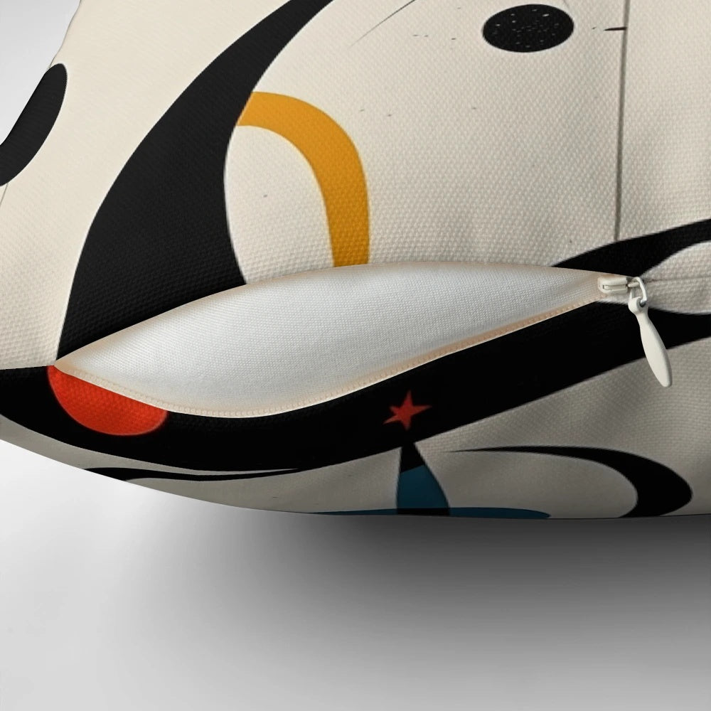 Vibrant abstract art pillow featuring a Miro-inspired color palette and minimalist design