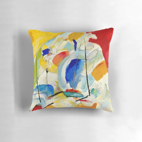 Colorful abstract art pillow design inspired by Wassily Kandinsky's 1913 Sea Battle painting