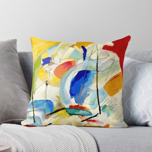 Colorful abstract art pillow design inspired by Wassily Kandinsky's 1913 Sea Battle painting