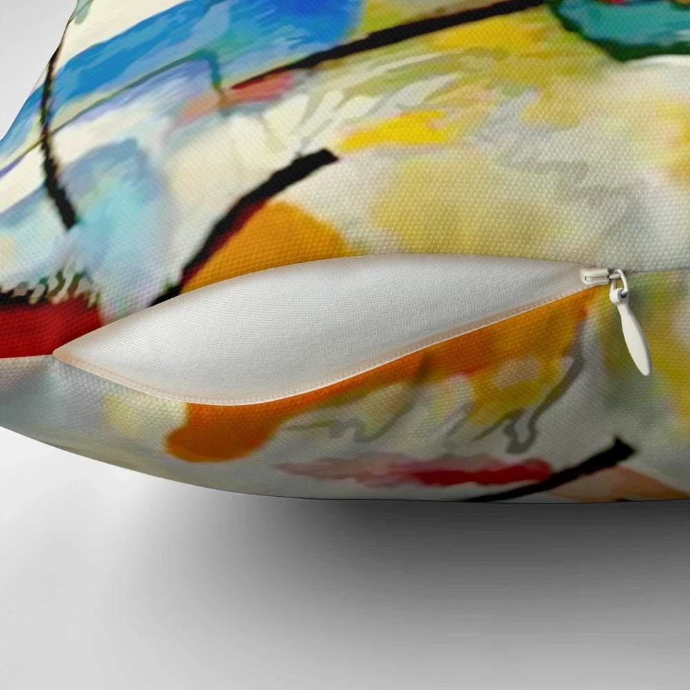 Colorful abstract art pillow design inspired by Wassily Kandinsky's 1913 Sea Battle painting