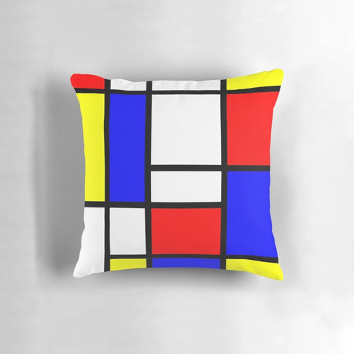 Vibrant abstract art pillow featuring bold geometric shapes and primary colors, inspired by the work of renowned artist Piet Mondrian.