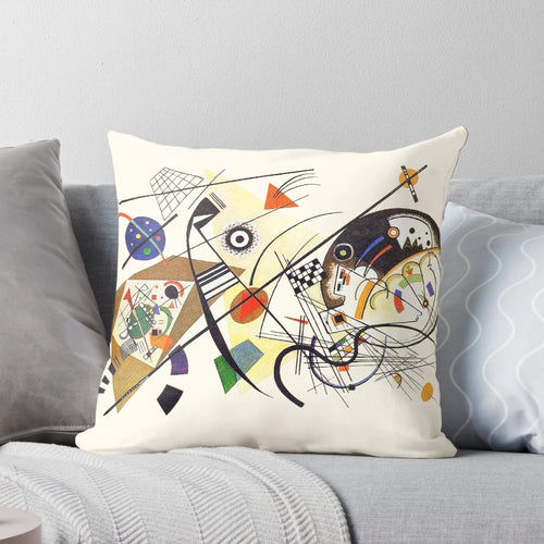 Decorative pillow featuring abstract art with intersecting lines inspired by the Bauhaus artist Wassily Kandinsky
