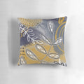 Abstract blue, grey and mustard yellow floral botanical throw pillow with leaf and flower patterns