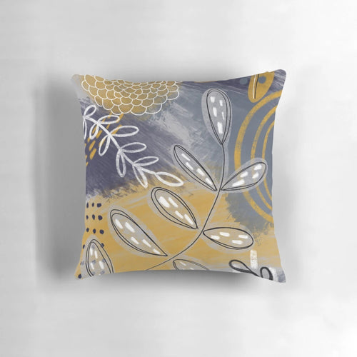 Abstract blue, grey and mustard yellow floral botanical throw pillow with leaf and flower patterns