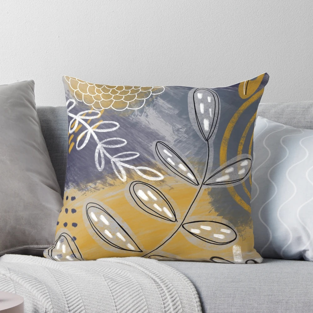 Abstract blue, grey and mustard yellow floral botanical throw pillow with leaf and flower patterns