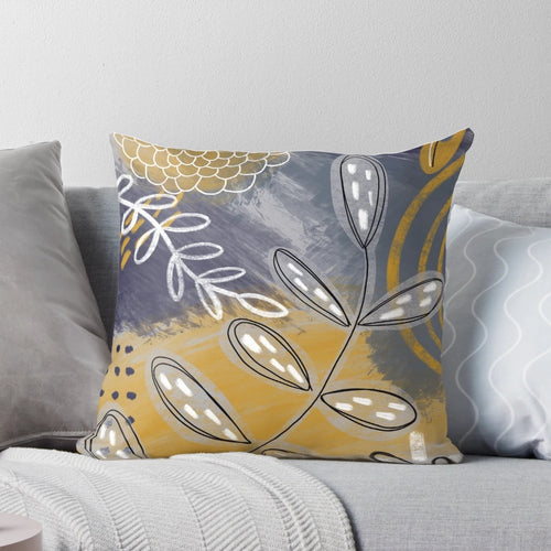Abstract blue, grey and mustard yellow floral botanical throw pillow with leaf and flower patterns