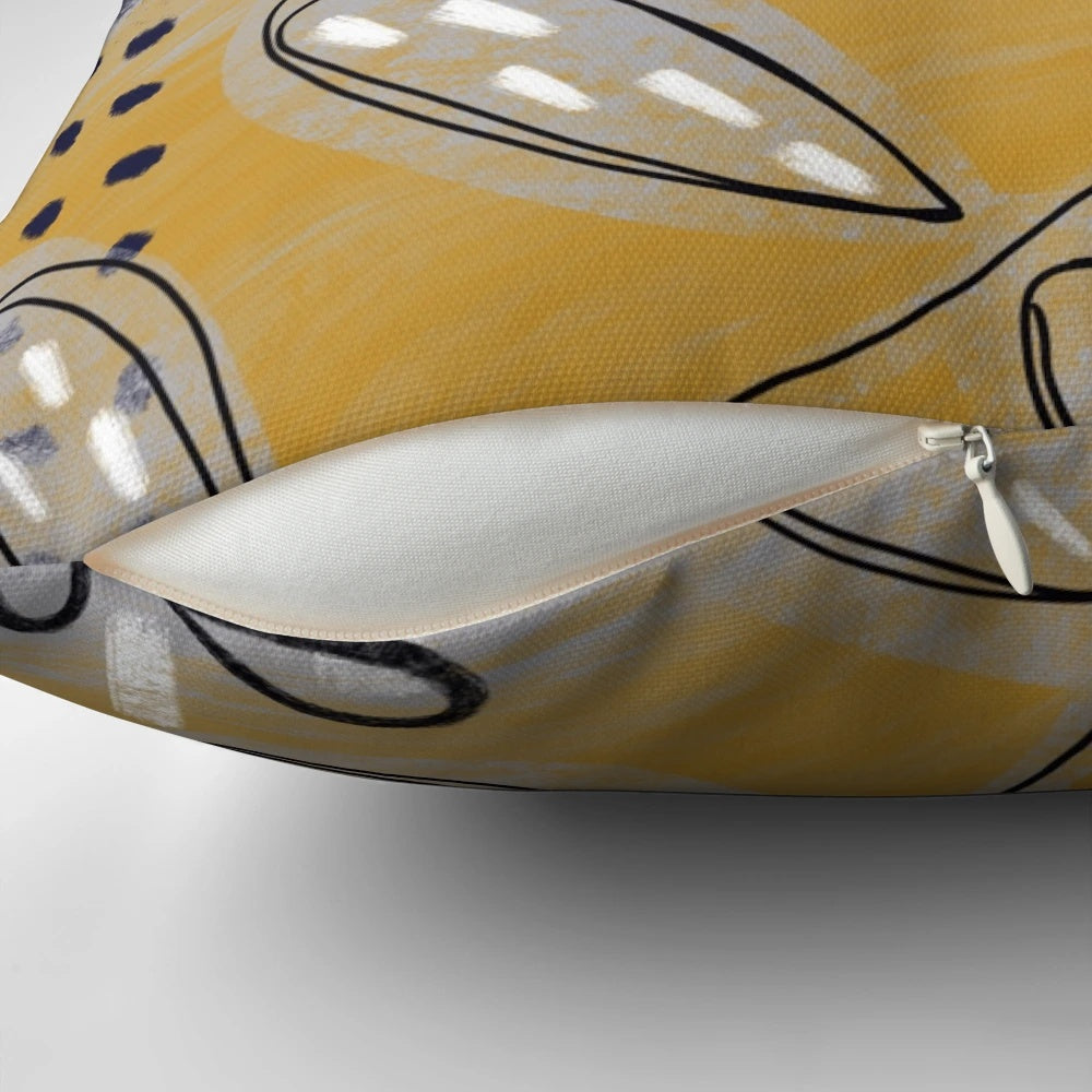 Abstract blue, grey and mustard yellow floral botanical throw pillow with leaf and flower patterns