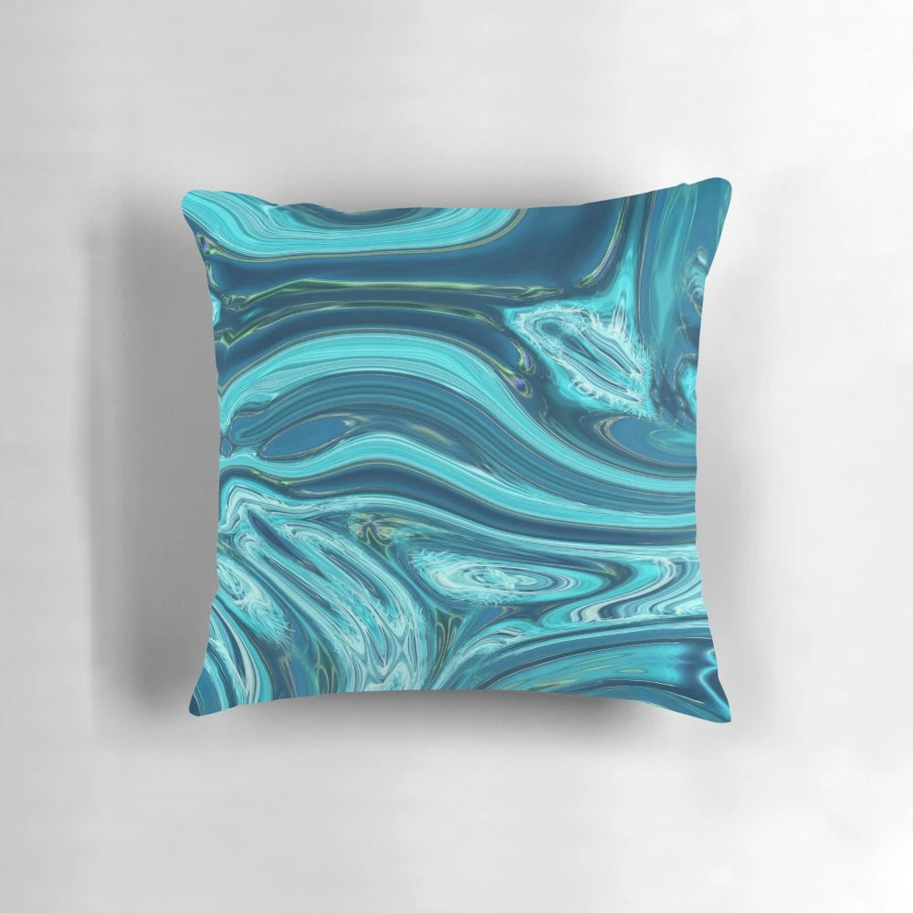 Abstract blue and teal marble swirl pattern on a modern throw pillow
