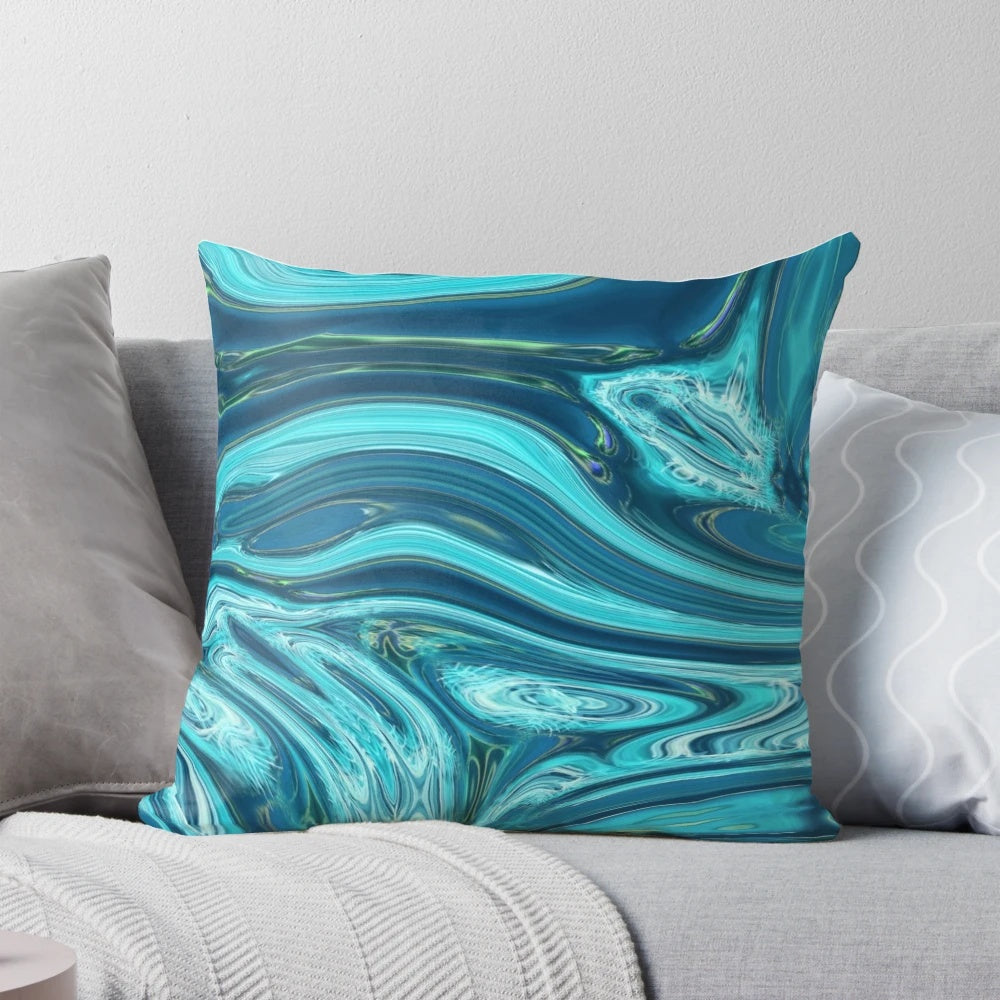 Abstract blue and teal marble swirl pattern on a modern throw pillow
