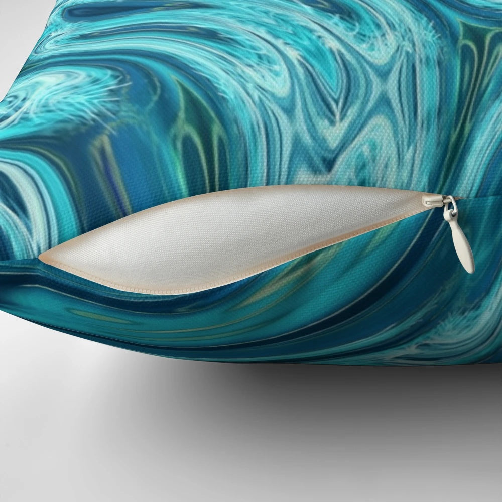 Abstract blue and teal marble swirl pattern on a modern throw pillow