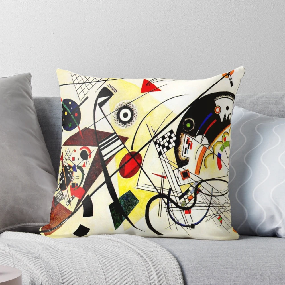 Vibrant abstract cubism pillow with Wassily Kandinsky's "Transverse Line" artwork