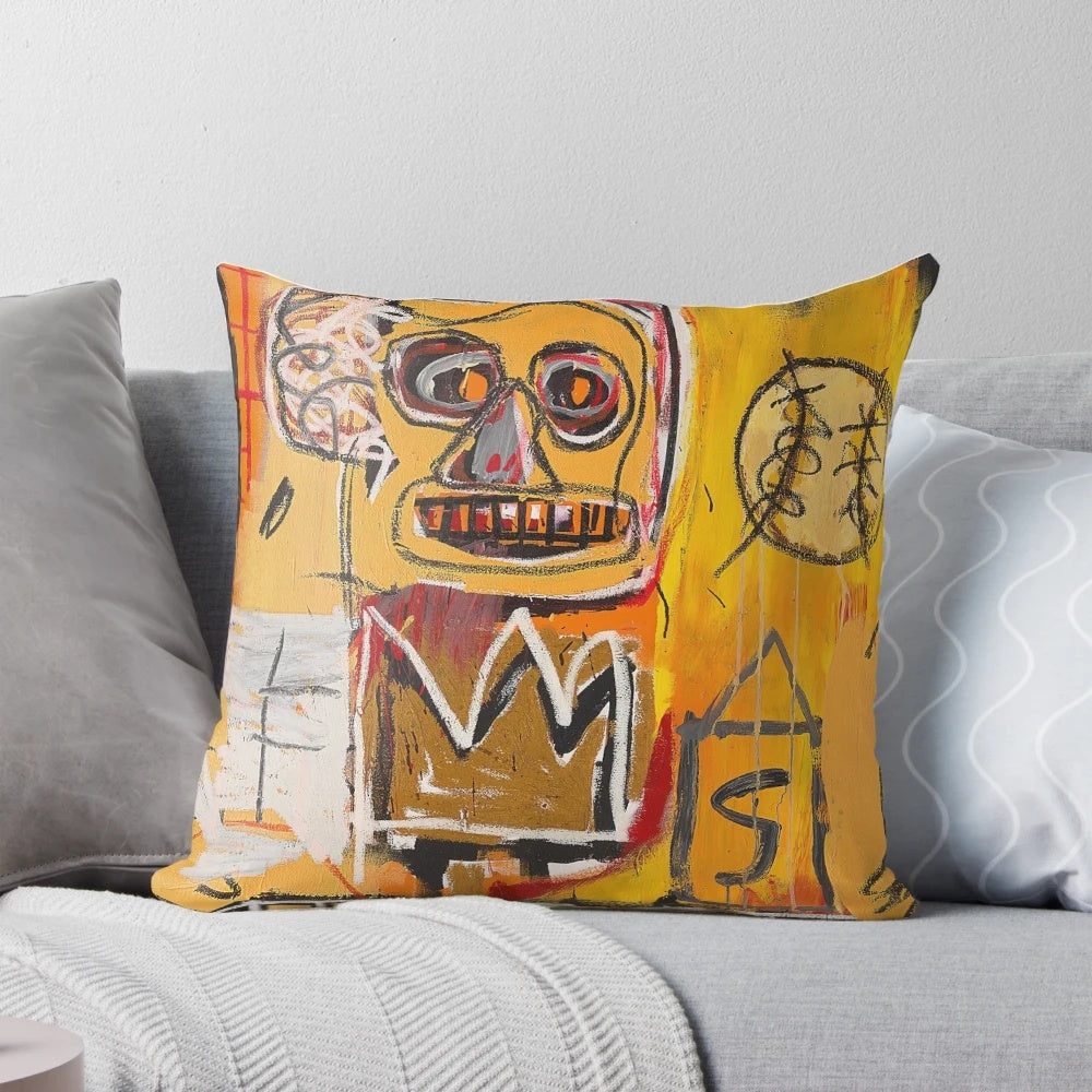 Vintage illustration pillow featuring abstract expressionist art inspired by Jean-Michel Basquiat