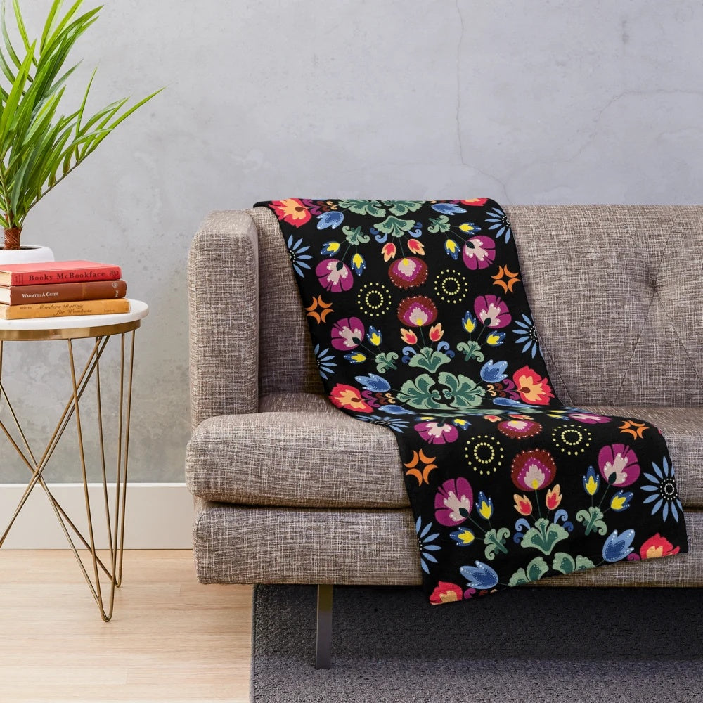 Fiesta folk inspired black plush blanket with abstract floral pattern