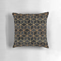 Black and gold modern minimalist pillow with abstract geometric cube and hexagon pattern