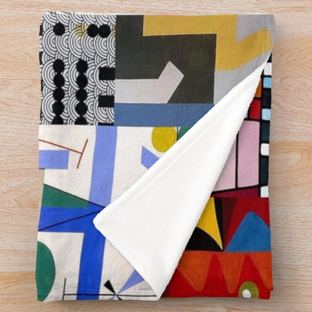 Soft, plush blanket with abstract geometric design inspired by the work of Swiss artist Sophie Taeuber-Arp