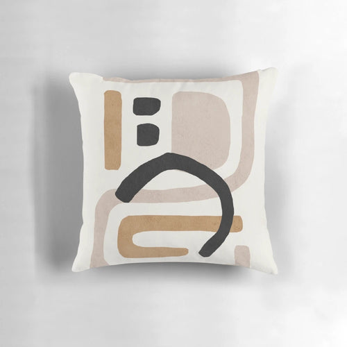 Abstract pink, black, and beige geometric shapes art in a mid century modern style.
