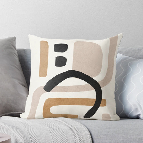Abstract pink, black, and beige geometric shapes art in a mid century modern style.