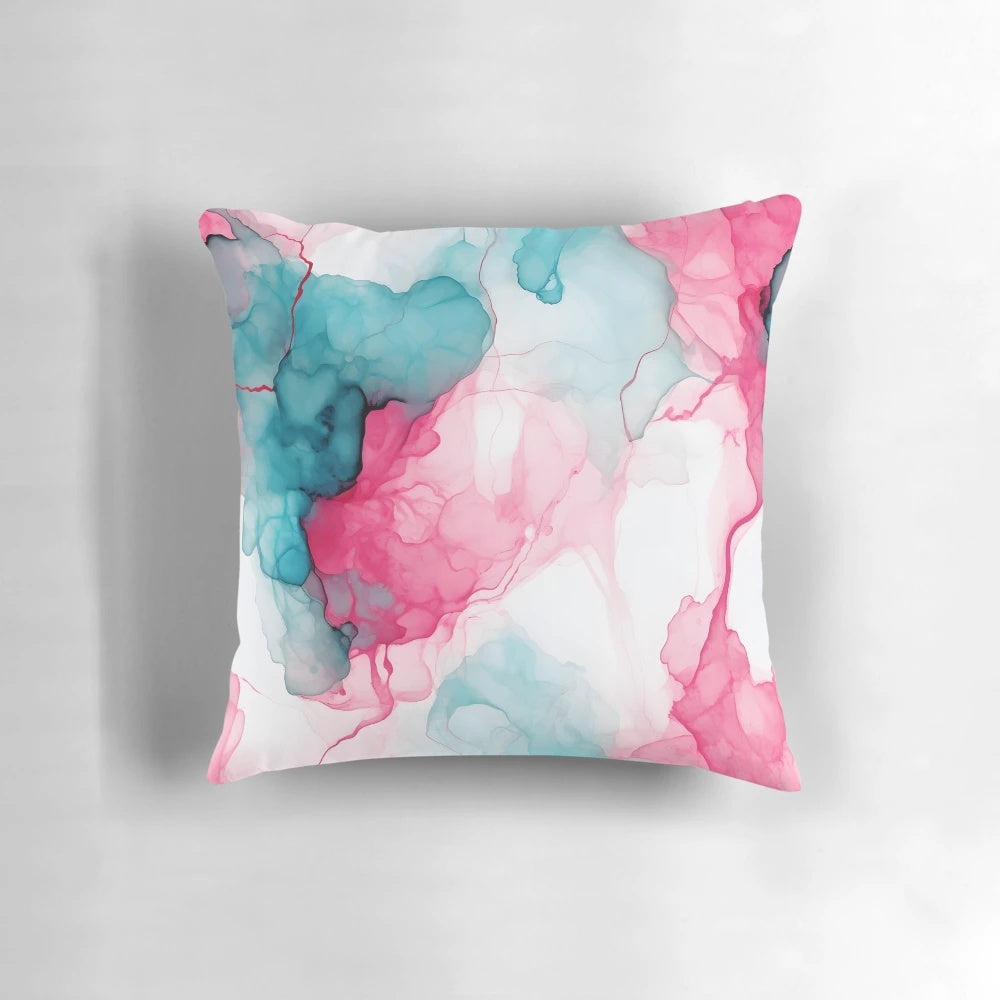 Abstract geometric pattern in teal and pink colors on a plush decorative pillow for home decor