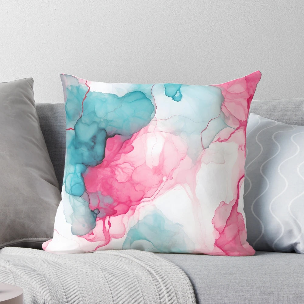 Abstract geometric pattern in teal and pink colors on a plush decorative pillow for home decor