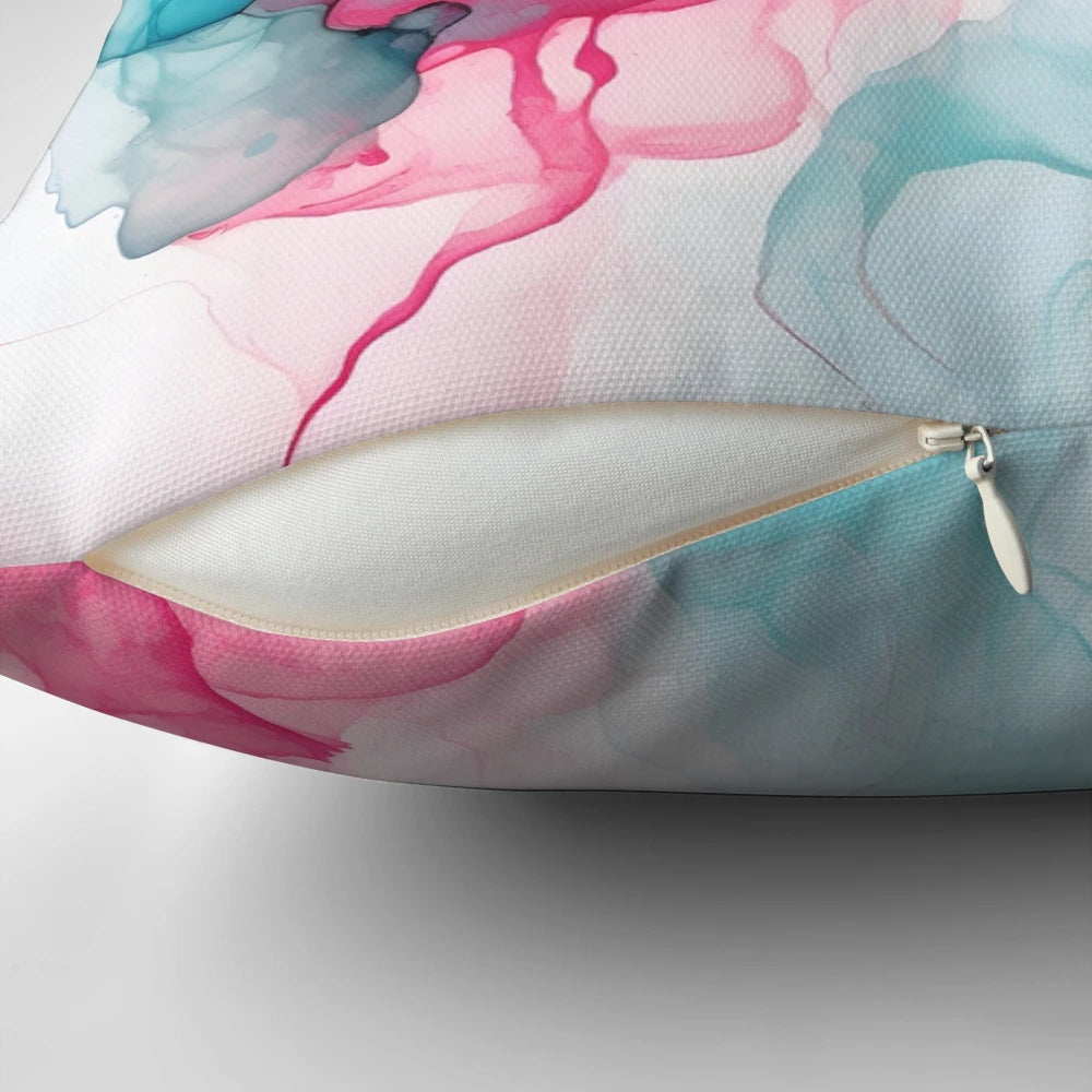 Abstract geometric pattern in teal and pink colors on a plush decorative pillow for home decor